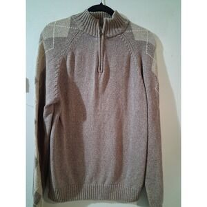 Geoffrey Beene Mens Large Taupe CottonQuarter Zip Sweater Argyle Sleeve Pullover